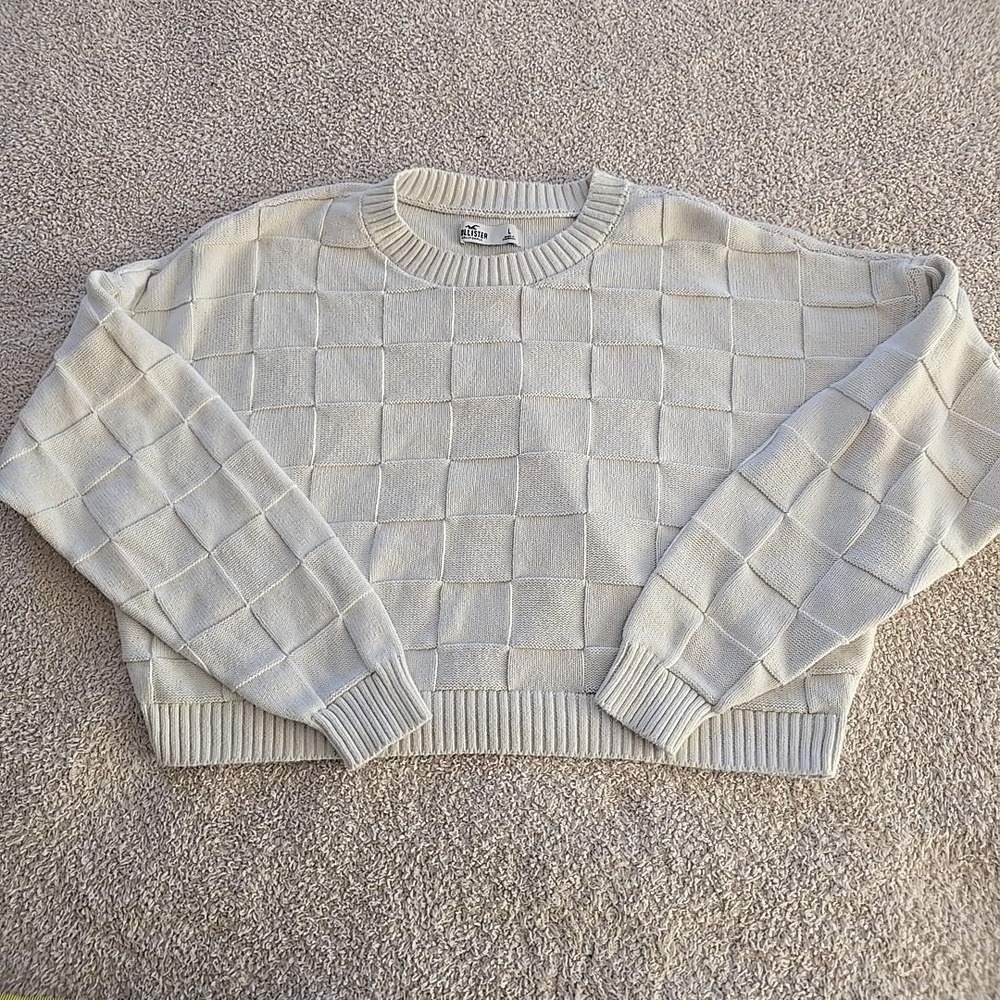 Hollister Checkered Cropped Sweater Off-White‎ Women's Size L Y2K Festival